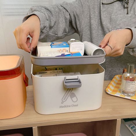 Trousse de premiers secours simple et de grande capacité pour la maison et la famille, boîte de rangement pour médicaments et produits pharmaceutiques, petit format, grise, idéale pour les résidences (1/5)
