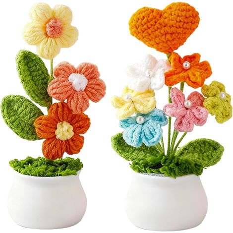 Lot de 2 fleurs tricotées, petites fleurs au crochet avec pot, plantes décoratives au crochet, bouquet de fleurs orange en forme de cœur au crochet, pour décoration maison et bureau (1/5)