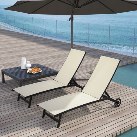Lot de 2 bains de soleil en aluminium et textilène avec roulettes dossier inclinable charge max. 150 Kg kaki