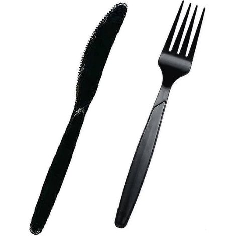 Ensemble de 200 couverts en plastique noir de qualité supérieure 100 fourchettes + 100 couteaux Couverts réutilisables et résistants en plastique, parfaits pour les fêtes et les repas quotidiens. (1/5)