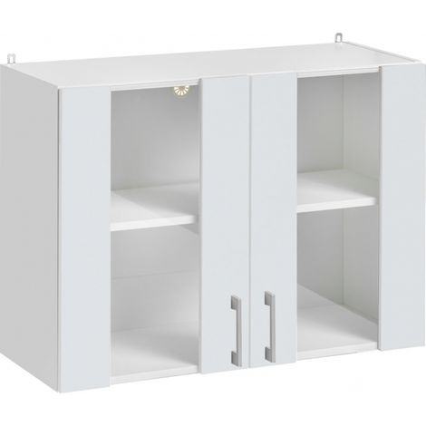 Cuisineandcie – Meuble haut de cuisine blanc brillant 2 portes vitrées – L 80 x H 60 x P 32 cm – Charnières réglables renforcées – Fermeture automatique