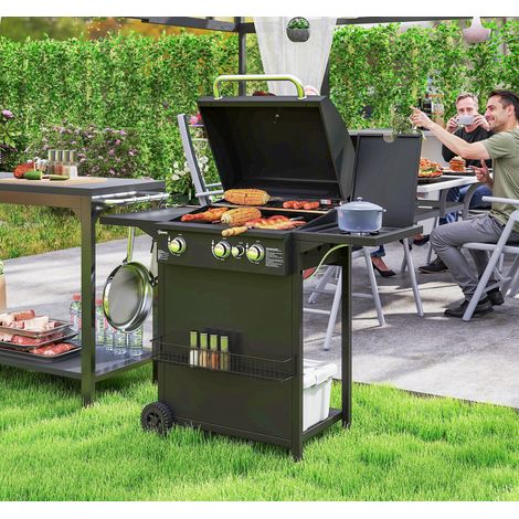Barbacoa de Gas con 3 Quemadores Parrilla para 5-9 Personas Quemador Lateral Termómetro y Ruedas 123x58x98 cm Negro (1/5)