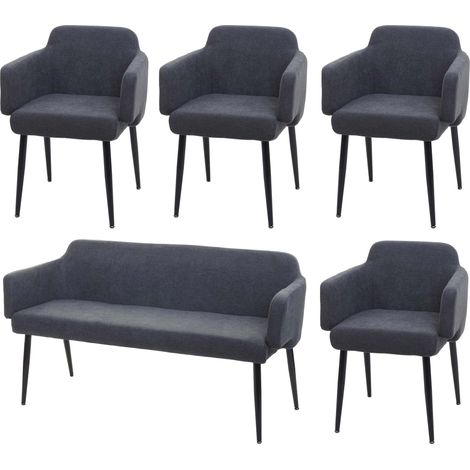 Set 4x sedie con braccioli e panca da interni elegante moderno HHG-073 legno tessuto antracite