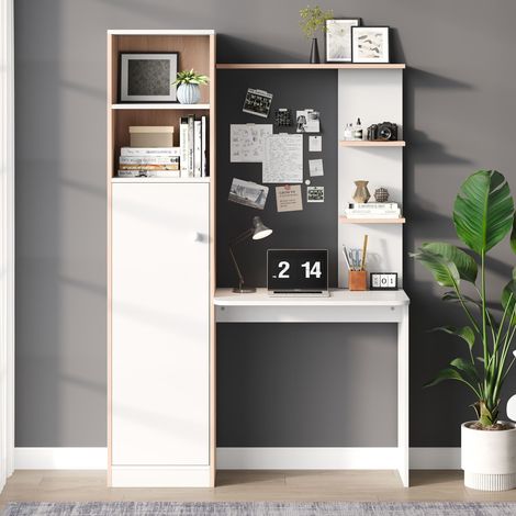 Scrivania dritta con spazio di stoccaggio – Bianco con effetto legno, armadio inferiore con porte e ripiano superiore aperto, design moderno, 123,5x45x168,5 cm