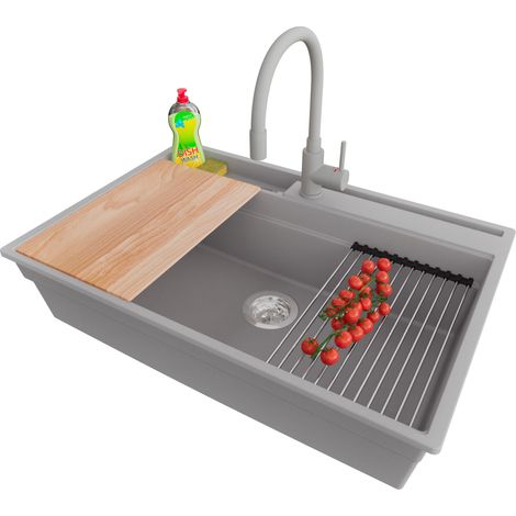 PRIMAGRAN Evier Cuisine en Granit 78x53cm,Lavabo 1 bac + Robinet 38x14cm + Kit de Vidage + Accessoires, Évier à Encastrer au meuble 80cm - Oslo Pocket, Gris (1/5)