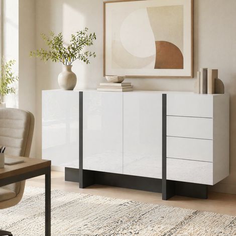 Credenza bianca lucida 150 x 40 x 80,5 cm con 2 ante e 4 cassetti DESVIAE (1/5)
