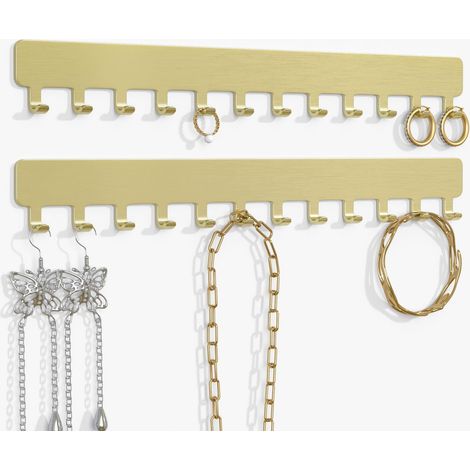 Lot de 2 porte-chaînes muraux pour bijoux - Organiseur de bijoux robuste pour colliers, bracelets et boucles d'oreilles - Solution peu encombrante, fixation adhésive facile, métal, doré (1/5)