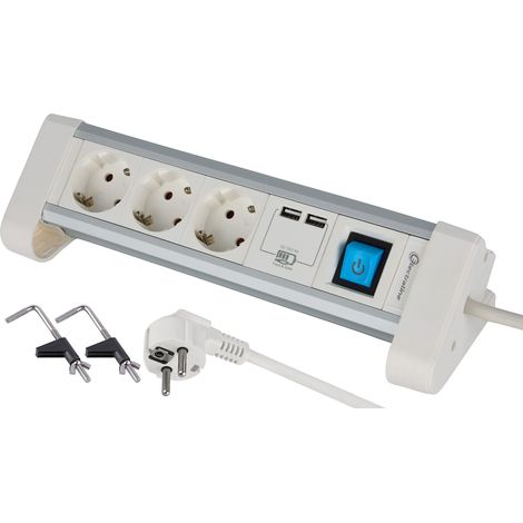 Aluminium pour Bureau + 2 Ports 2,4 A, câble G1,5 mm Prise de Table multiprise Schuko, Blanc, 3 Fach + 2 USB (1/5)