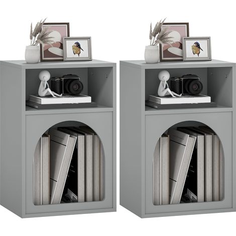 Set aus 2 grauen Nachttischen im Bogendesign, 40 x 30 x 60 cm, mit offenen Fächern und praktischem Stauraum. Ideal fürs Schlafzimmer – ein moderner und funktionaler Nachttisch.
