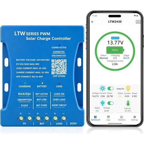 Contrôleurs solaires WiFi 30 A 12 V : 30 A 12 V/24 V/36 V - Contrôleur de chargeur solaire WiFi - Contrôleur de panneau solaire Bluetooth intelligent PWM pour plomb-acide, LiFePO4, batterie au (1/5)