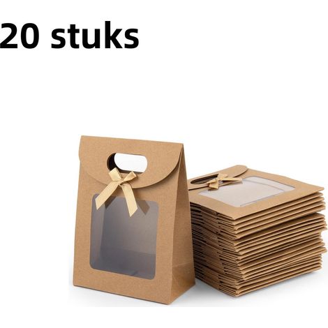 lot de 20 sachets en papier kraft avec rabat sachets transparents avec fenêtre de fermeture se tiennent debout dimension 19 x 9 x 27 cm idéaux pour emballer des douceurs de mariage et des cadeaux de N (1/5)