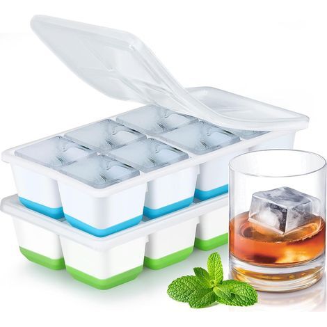 Grand bac à glaçons avec couvercle, moules à glaçons en silicone 2 pièces sans BPA et empilables, bac à glaçons pour cocktails, whisky, bière et aliments pour bébés (bleu + légumes) (1/5)