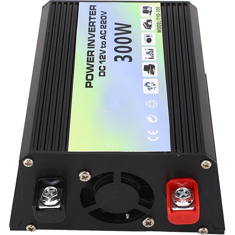 Le TYD-300 est un convertisseur 12 V CC vers 220 V CA de 300 W doté de deux ports USB, d'une prise universelle et d'un indicateur de niveau de batterie. Il est fourni avec un chargeur allume-cigare et (1/5)