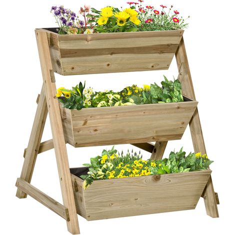 Outsunny – Jardinière sur pieds triple niveau en bois de sapin traité autoclave – Dimensions 71x61x77cm – Inserts d'irrigation et feutre de drainage inclus (1/5)