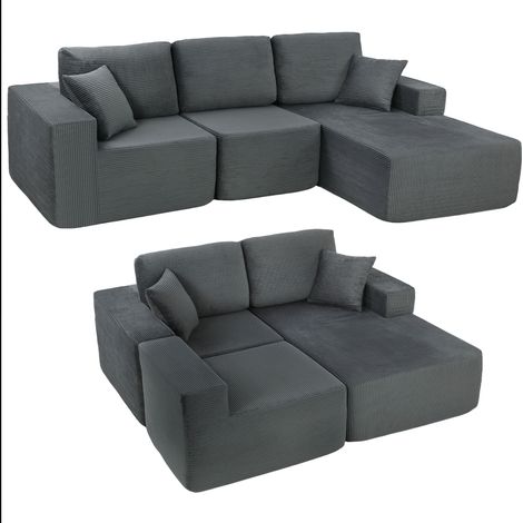 Canapé d'angle modulable en forme L, convertible lit avec assise profonde et accoudoirs larges, livré avec 2 coussins, couleur gris foncé.