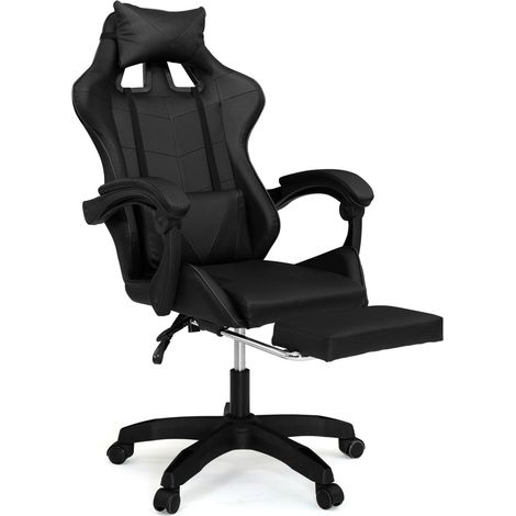Idmarket – Fauteuil gaming noir réglable avec repose-pied – Dossier inclinable 135° – Coussins ajustables – Revêtement déperlant et déhoussable