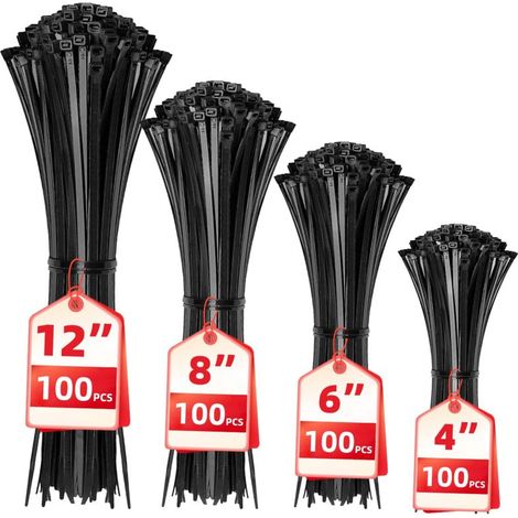 Schwarze, selbstsichernde Kabelbinder aus Nylon, 400 Stück, verschiedene Größen (4/6/8/12 Zoll), multifunktionale Befestigungsgurte, geeignet für Zuhause, Büro, Garten und Werkstatt