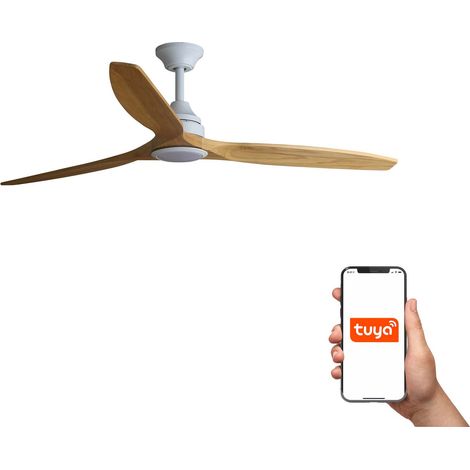Faro Alo Grand ventilateur 3 lames blanc mat, bois avec éclairage 2700 - 4000 - 6500 K, système intelligent Tuya (1/3)