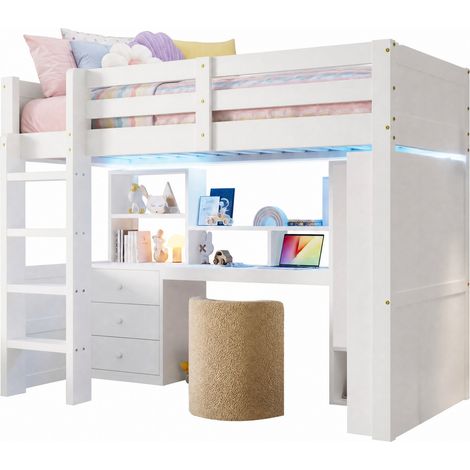 Letto a soppalco 90x200 cm con scrivania, armadio, cassetti, ripiani e luci LED, struttura in legno bianco per cameretta bambini – CHICFURN (1/5)