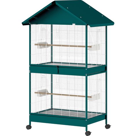 Cage à oiseaux sur roulettes avec séparateur amovible, 6 mangeoires et 4 perchoirs, 2 plateaux coulissants, pour perruches, cockatiels, canaris (1/5)