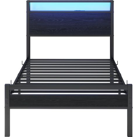 Lit 90x200 avec rangement – cadre métal, tête de lit avec tablette, lattes incluses – pour chambre d'amis (1/5)