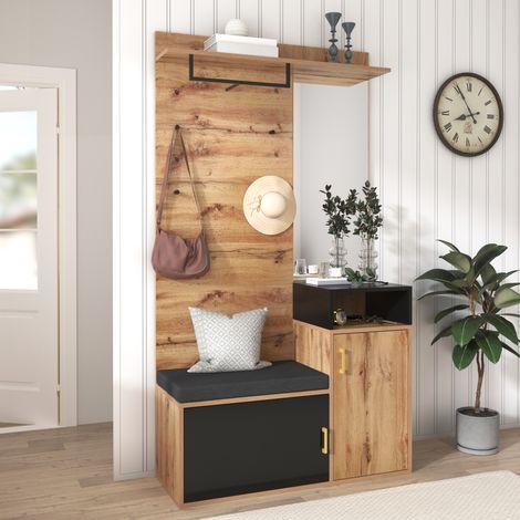 Garderobenmöbel mit Spiegel, Schuhschrank, Bank, 4 Haken und Kleiderstange, Holz/Schwarz (1/5)