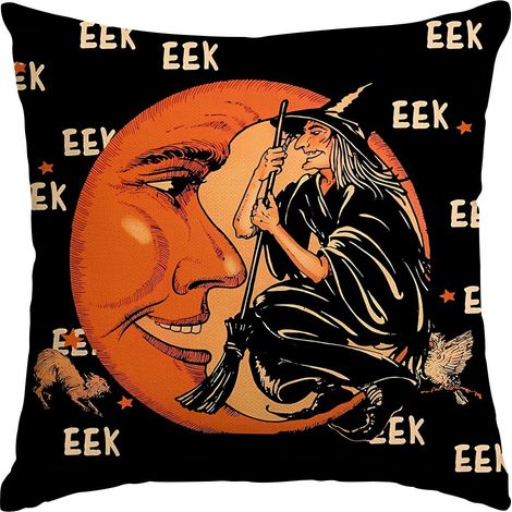 Lot de 2 housses de coussin d'Halloween, motif sorcière avec balai et demi-visage, housses de coussin en lin effrayantes, taies d'oreiller décoratives pour canapé et décoration intérieure (1/5)