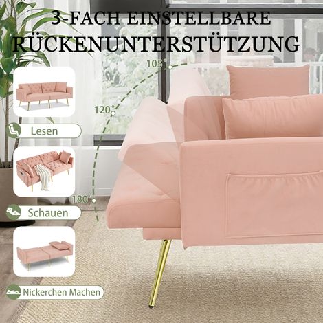 Canapé deux places moderne en velours, dossier réglable en 3 positions, 2 coussins inclus, pieds en métal robustes, doux et confortable pour salon, appartement en location, petit appartement, rose