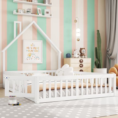DESMIU Lit Enfant 140 × 190 cm 2 Places avec Barrières de Sécurité, Sans Matelas, en Pin et MDF, Blanc (1/5)