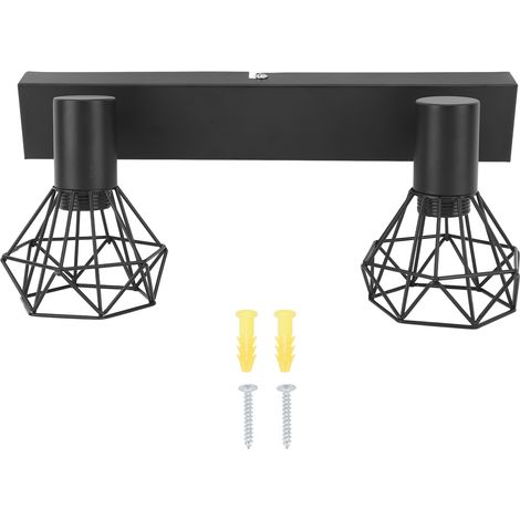 Barre Lumière Industriel 2 Lampes Vintage E14 cage design métal fixable en rotation 360°/90° surface noire installation directe