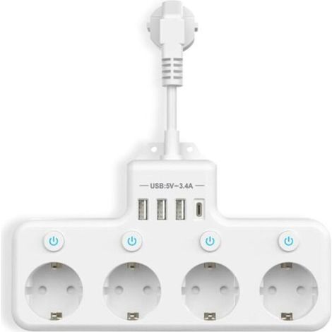 Mehrfachsteckdose mit USB-Anschlüssen, 4-fach Steckdosenleiste mit Einzelschalter, 3 USB-Anschlüsse und 1 Typ-C-Anschluss (5 V, 3,4 A) für Küche, Wohnzimmer, Schlafzimmer, Büro