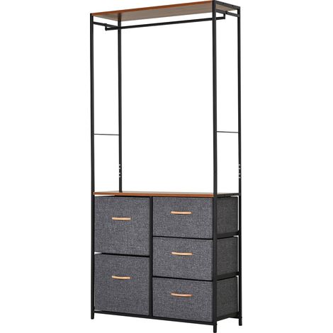 Chest of Drawers with Coat rack Steel Frame 5 Drawers Bedroom Hallway Home Furniture Black Brown (1/4)