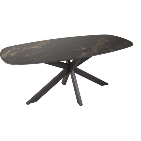 Mobilier Deco – Table à manger ovale en céramique noir et doré – Piètement en acier noir – Résistante aux rayures et à la chaleur – Design contemporain (1/3)