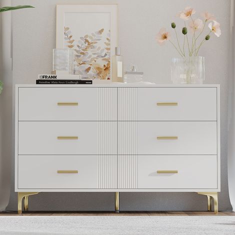Commode à 6 Tiroirs 120x40x76 cm Sideboard Moderne avec Portes Motif Ondulé - Meuble Rangement pour Chambre Salon - MDF - Blanc