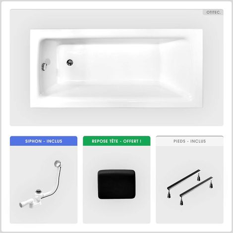 Baignoire rectangulaire - 160 x 75 cm - sans Habillage - avec Pieds - Poignées - Repose-tête - Vidage Chrome - TALIA PREMIUM (1/4)