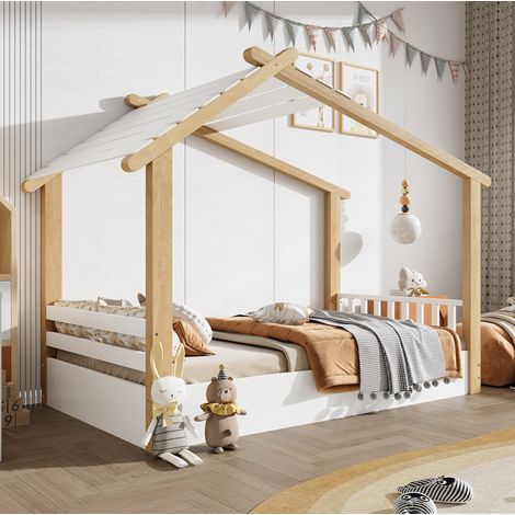 Cama infantil 90x200 cm blanco y natural, estructura de madera con somier de lamas (1/5)