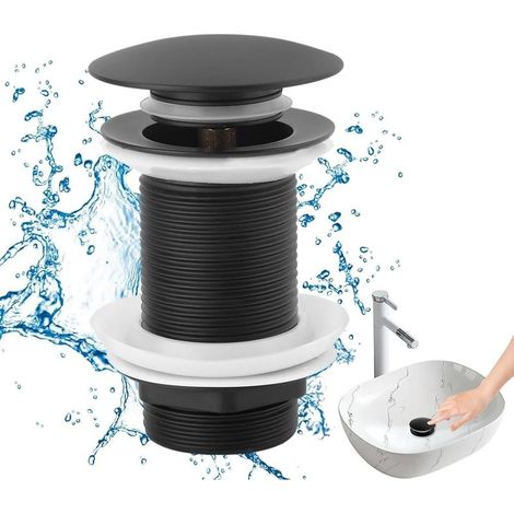 Bonde de lavabo noire sans trop-plein, bonde de lavabo universelle sans trop-plein, standard G 1 1/4 avec joint, bonde pour lavabo à poser, pour cuisines, salles de bains, lavabos, éviers (1/4)