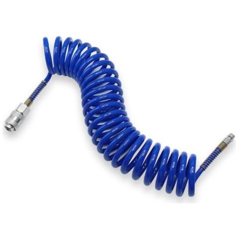 Tuyau d'air en polyuréthane enroulé de 9 m avec ressort, pour conduite d'air ou transfert de fluides, avec raccord rapide anti-courbure et bouchon. (1/5)