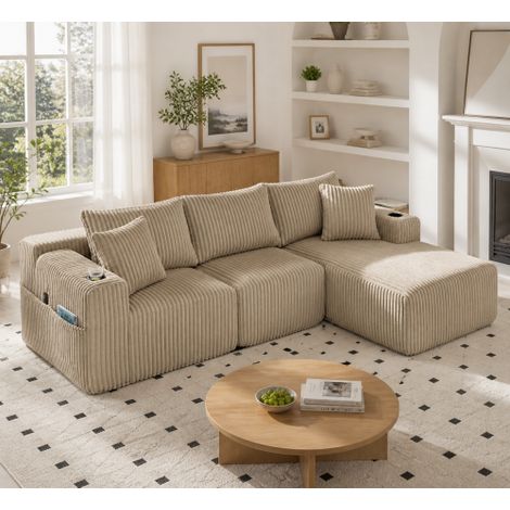Modulares Sofa Set mit Chaiselongue & 2-Sitzer, weicher Cordbezug, mit 5 Kissen, seitliche Taschen & Getränkehalter, hochdichter Schaumstoff, DIY-Kombination, Ideal für Wohnzimmer, Apartment & Studio.