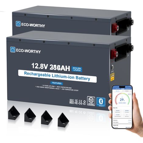 ECO-WORTHY 2x 12V 314Ah EnergyRock LiFePO4 Batterie Metallgehäuse mit 200A BMS,4019Wh Kapazität mit Bluetooth&Sicherheitsschalter,Hochtemperaturbeständig&Untertemperaturschutz für Wohnmobile,Wohnwagen (1/5)