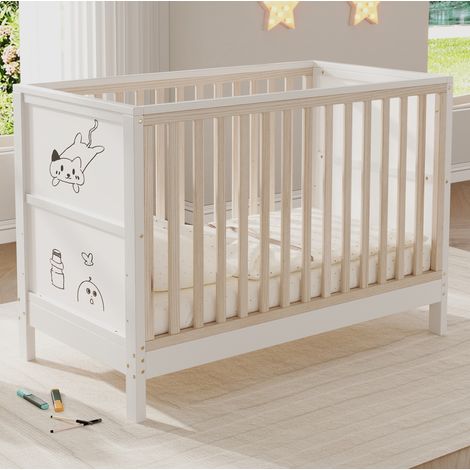 Lit bébé 120x60 cm, 3 hauteurs réglables, transformable en lit d'appoint ou canapé, bois naturel et blanc (1/5)