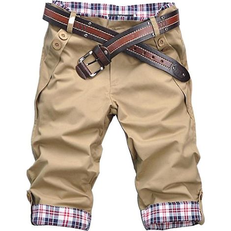 Lässige Herren-Badeshorts mit Karomuster, Taschen und Knöpfen – Größe 2XL – Khaki (1/5)
