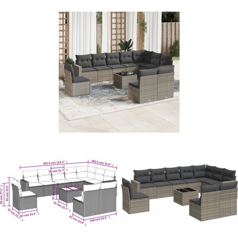 11-tlg. Garten-Sofagarnitur mit Kissen Grau Poly Rattan - Gartenmöbel - PE-Rattan Möbel - Outdoor Sofa Set - Lounge Gruppe - Esstisch - Home & Living (1/3)