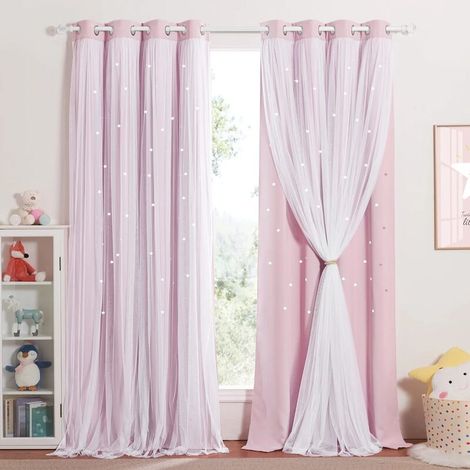 Pink Blackout Curtains - Girls Room Double Layer Curtain Stars Perforated Pattern with Voile Window Decor for Kids, W 132 x H 213 cm, Light Pink, 2 Pieces (1/5)
