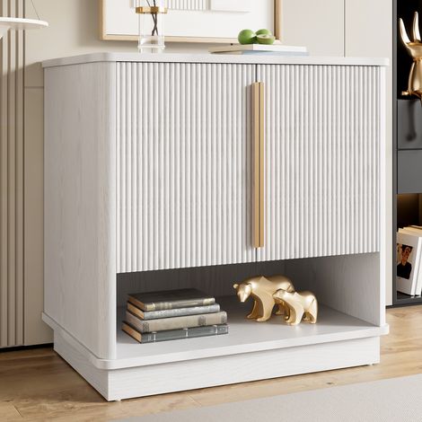 Scarpiera compatta 60 x 40 x 61 cm bianca e legno stile moderno chic con 2 ante maniglie dorate e ripiano aperto per ingresso