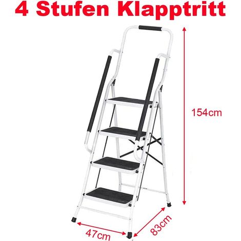 Klappleiter 4 Stufen Stehleiter Haushaltsleiter aus Legierter Stahl, mit Handlauf und Rutschfesten Gummifüßen, Klappbare Trittleiter Einfach zu Verstauen und zu Tragen, bis 150 kg Belastbar