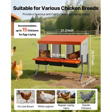 Poulailler ponte poules 3 cases avec pieds, récolte œufs facile, acier galvanisé plastique résistant, nichoir à rouleau poules pondeuses, orange (1/5)