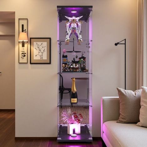 LED Vitrine Schrank - Glastheke für Sammlungen, Aufbewahrung - Schwarz - 1 Tür 4 Fächer - Wohnzimmer, Schlafzimmer - 42x36x164 cm