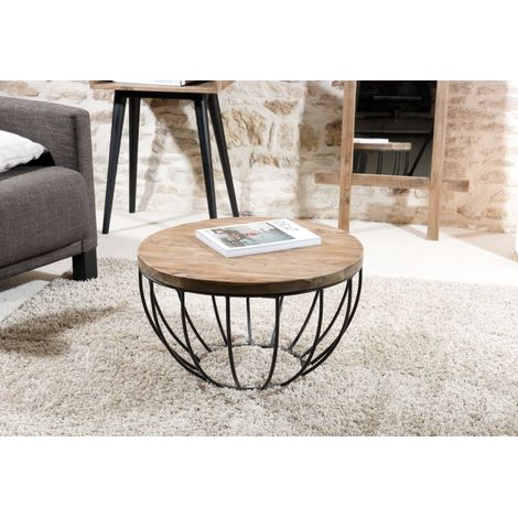 SIXTINE - Table basse plateau 60x60cm bois teck recyclé métal noir (1/3)