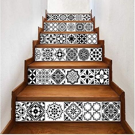 Stickers Escalier Style Noir Et Blanc Tuile D\\'Arabie 12Pcs / Set 18Cm X 100Cm Escaliers Décoration 3D Autocollant Art Pegatinas De Pared Décor À La Maison Mur (1/3)